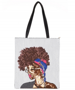 African-American Women Design Reversible Sequin Tote Bag A039GPP WHITE